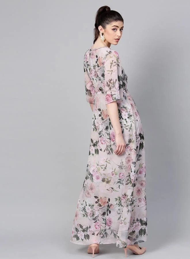 SASSAFRAS V Neck Floral Print Maxi Dress with Front Slit