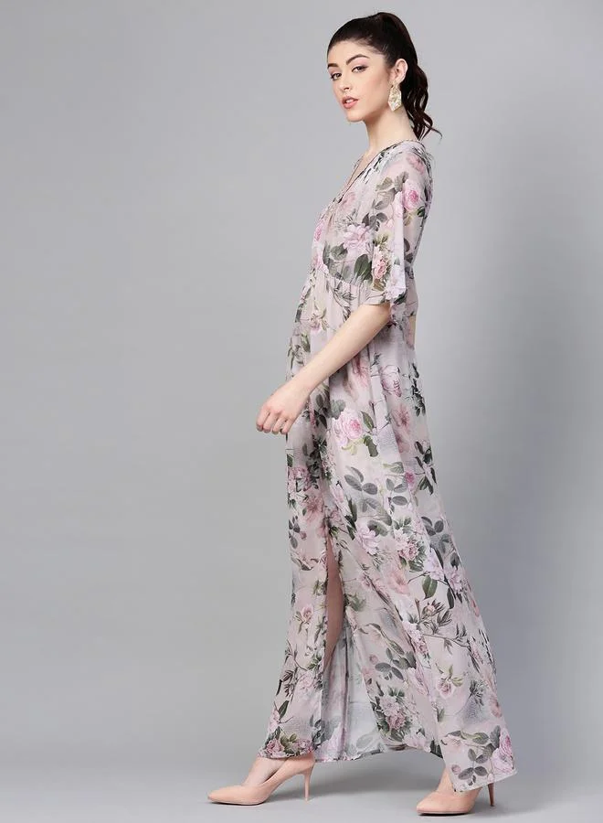SASSAFRAS V Neck Floral Print Maxi Dress with Front Slit