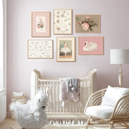 Baccone Nursery Pink Wall Art Decor Baby Girl Canvas Wall Art Vintage Floral Prints Kids Room Wall Decor Preppy Flower Poster Antique Pink Pictures Swans Painting for Girls Room Bedroom 12x16x6 Inch Unframed - Image 3