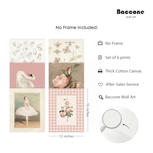 Baccone Nursery Pink Wall Art Decor Baby Girl Canvas Wall Art Vintage Floral Prints Kids Room Wall Decor Preppy Flower Poster Antique Pink Pictures Swans Painting for Girls Room Bedroom 12x16x6 Inch Unframed - Image 2