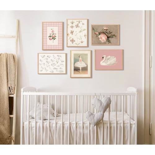 Baccone Nursery Pink Wall Art Decor Baby Girl Canvas Wall Art Vintage Floral Prints Kids Room Wall Decor Preppy Flower Poster Antique Pink Pictures Swans Painting for Girls Room Bedroom 12x16x6 Inch Unframed - Image 5