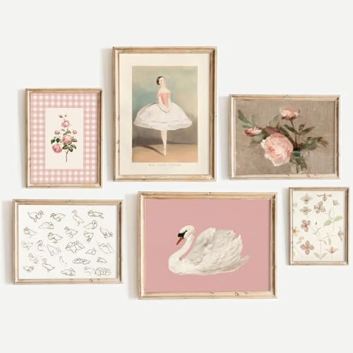 Baccone Nursery Pink Wall Art Decor Baby Girl Canvas Wall Art Vintage Floral Prints Kids Room Wall Decor Preppy Flower Poster Antique Pink Pictures Swans Painting for Girls Room Bedroom 12x16x6 Inch Unframed - Image 1