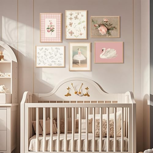 Baccone Nursery Pink Wall Art Decor Baby Girl Canvas Wall Art Vintage Floral Prints Kids Room Wall Decor Preppy Flower Poster Antique Pink Pictures Swans Painting for Girls Room Bedroom 12x16x6 Inch Unframed - Image 4