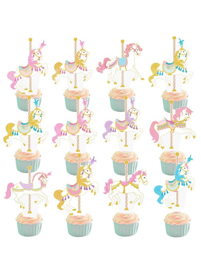 umoni زينة كعك حصان دوار 48 قطعة زينة كعكة حصان دوار لحفلة الكرنفال أعواد كعك حصان لعيد ميلاد الحصان لوازم حفلة لموضوع حديقة الملاهي زينة حفلة استقبال المولود - Image 1