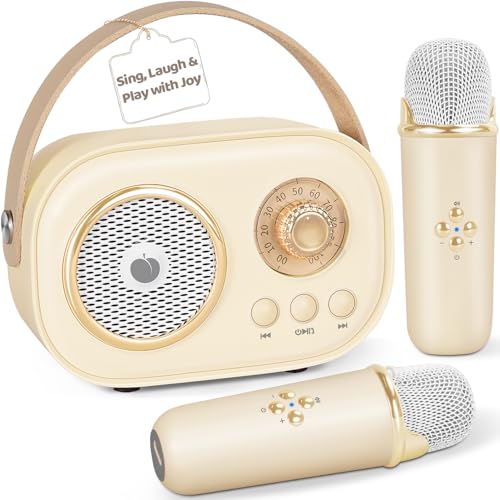 PRUNUS C20 Mini Karaoke MachineValentines Day Gifts for Her Him Kids MensPortable Bluetooth Speaker with 2 Wireless Microphone for Boys Girls 312 Years Old Birthday Party Beige - Image 1