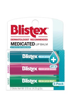 Blistex Blistex Medicated Lip Balm 3 Count, 0.15 Oz Each, Classic, Mint and Berry Flavor, Soothes and Protects, Advanced Medicated Lip Care for Dry, Chapped Lips, SPF 15 Sun Protection, 1 Pack 