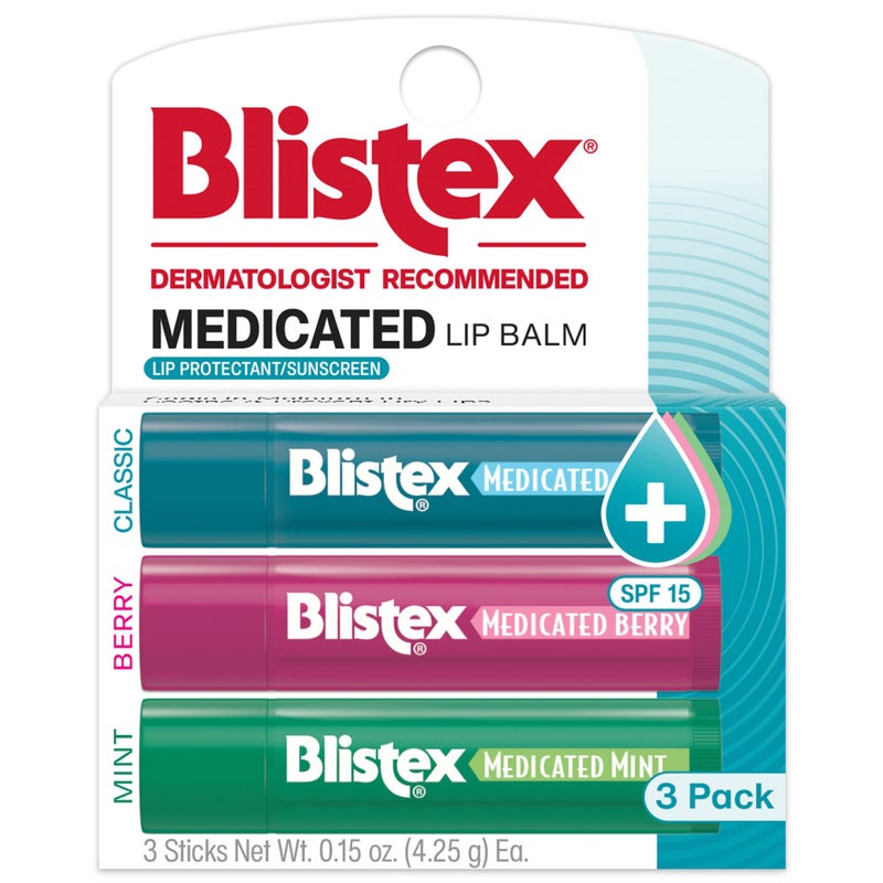 Blistex Medicated Balm Lip Protectant Lip Moisturizer SPF 15 Classic, Mint, Berry 3 Count, Soothing Relief Stocking Stuffer for Women & Men, Self Care Purse Essential for Holiday, Christmas - Image 1