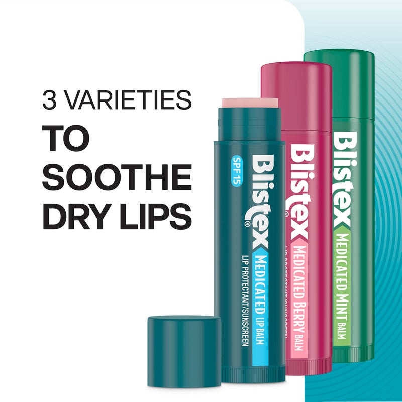 Blistex Medicated Balm Lip Protectant Lip Moisturizer SPF 15 Classic, Mint, Berry 3 Count, Soothing Relief Stocking Stuffer for Women & Men, Self Care Purse Essential for Holiday, Christmas - Image 4
