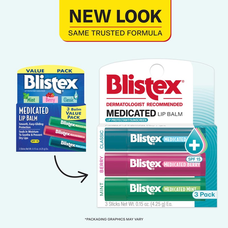 Blistex Medicated Balm Lip Protectant Lip Moisturizer SPF 15 Classic, Mint, Berry 3 Count, Soothing Relief Stocking Stuffer for Women & Men, Self Care Purse Essential for Holiday, Christmas - Image 2