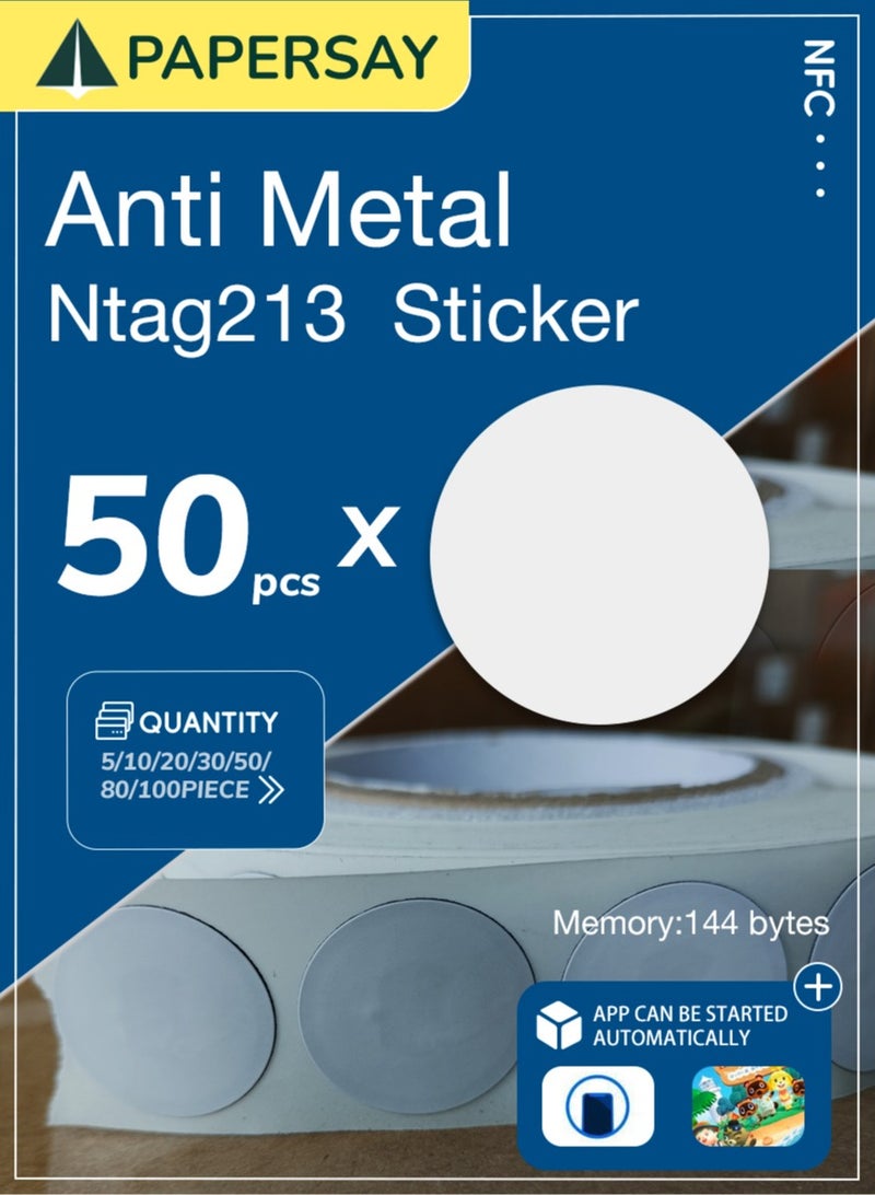 PAPERSAY 50pcs x NTaG213 NFC Tags & Stickers - Anti-Metal NFC Tags, Works on Metal Surfaces, Compatible with NFC-enabled Smartphones and Devices - Image 1