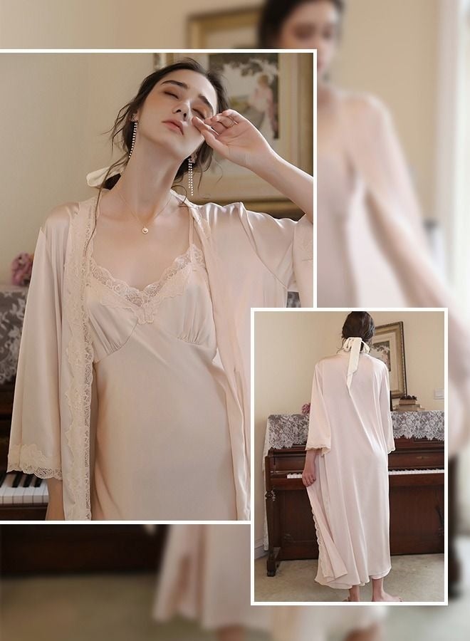 2-Piece Set Women Sweet Nightdress Ice Silk Sling Lace Pajamas Ladies Satin Long Sleeve Robe Loungewear Loose Nightgown with Pad Female Spring Autumn Solid Home Wear - Image 3