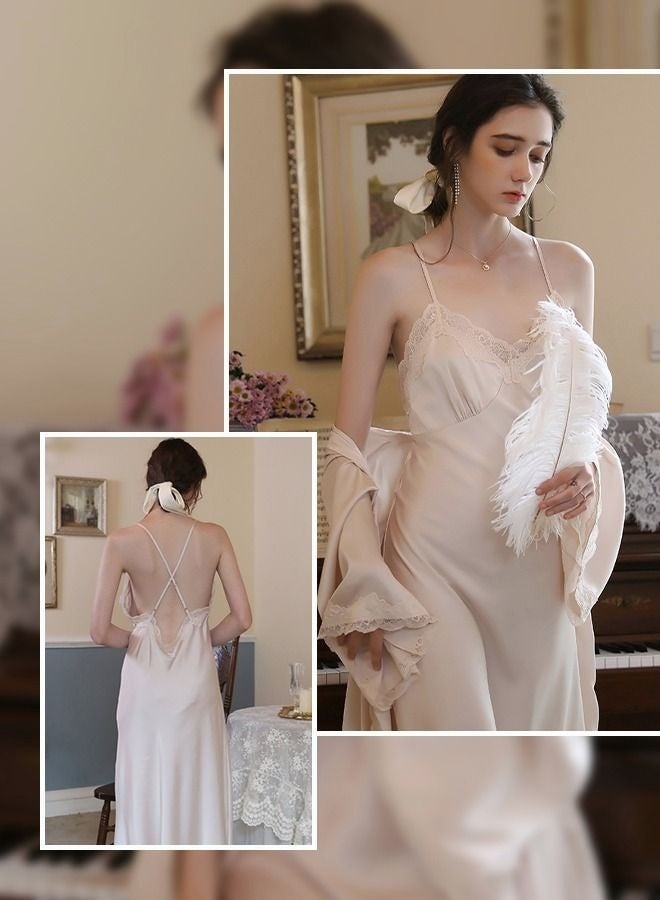 2-Piece Set Women Sweet Nightdress Ice Silk Sling Lace Pajamas Ladies Satin Long Sleeve Robe Loungewear Loose Nightgown with Pad Female Spring Autumn Solid Home Wear - Image 2