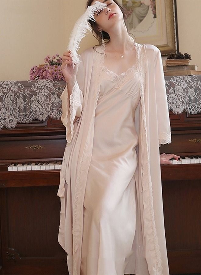 2-Piece Set Women Sweet Nightdress Ice Silk Sling Lace Pajamas Ladies Satin Long Sleeve Robe Loungewear Loose Nightgown with Pad Female Spring Autumn Solid Home Wear - Image 1
