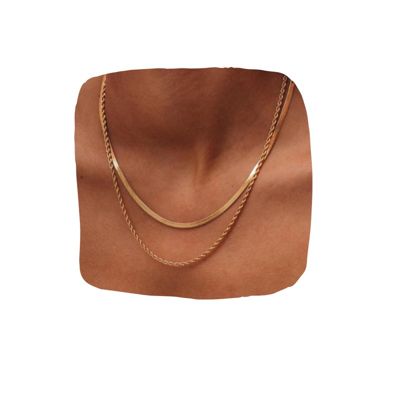 Hey Harper Gold Layered Herringbone Necklace For Women Nassau Set - Waterproof Sweatproof Non Tarnish Jewerly Gift for Women - 14K PVD Layered Stainless Steel Necklace Perfect for Everyday Wear - Image 1