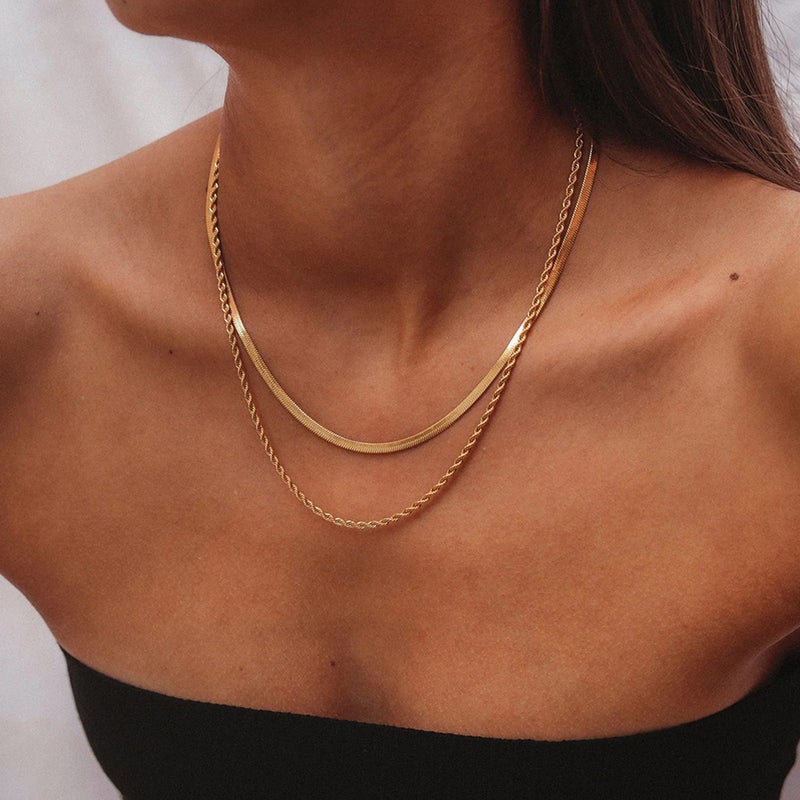 Hey Harper Gold Layered Herringbone Necklace For Women Nassau Set - Waterproof Sweatproof Non Tarnish Jewerly Gift for Women - 14K PVD Layered Stainless Steel Necklace Perfect for Everyday Wear - Image 2