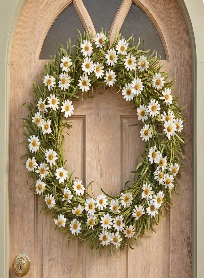 Daifunli White Daisy Wreath for Front Door 18 Inch Spring Summer Artificial Greenery Faux Wild Grass Flower Wreath for Wedding Porch Indoor Outdoor All Seasons Decor, Rustic and Farmhouse Home Decor - Image 1