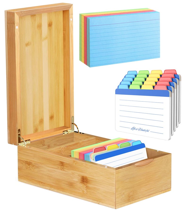 Neando Bamboo Index Card Holder for 3x5 Cards â€“ Wooden Organizer with Lid, 4 Compartments, 600-Card Capacity, Includes 20 Thick Index Cards & 200 Note Cardsâ€“ Natural Desktop Filing Box - Image 1