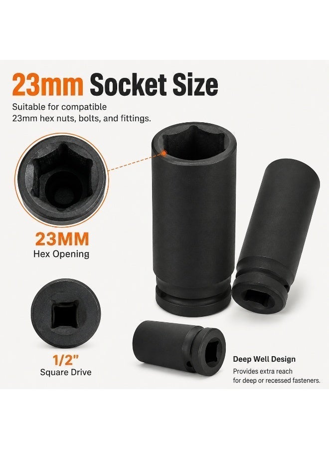 23mm Deep Impact Socket, 1/2 Inch Drive, Long Cr-Mo Steel Socket for Impact Wrench, Ratchet, Auto Repair, Garage & Workshop - Image 2