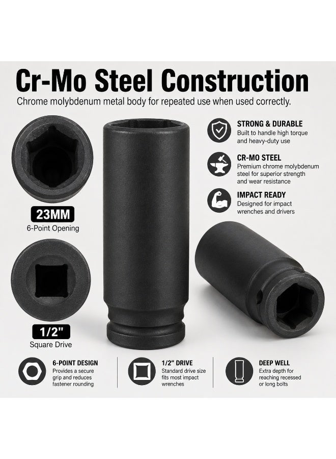 23mm Deep Impact Socket, 1/2 Inch Drive, Long Cr-Mo Steel Socket for Impact Wrench, Ratchet, Auto Repair, Garage & Workshop - Image 5