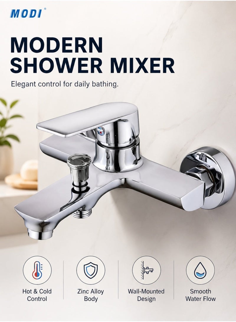 MODI Modern Wall-Mounted Shower Mixer Tap Single Lever Hot & Cold Water Control Chrome Finish Brass Faucet with Diverter Durable Bathroom Fixture - Image 1