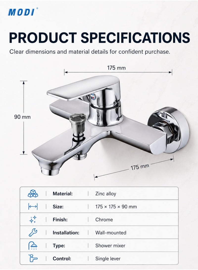 MODI Modern Wall-Mounted Shower Mixer Tap Single Lever Hot & Cold Water Control Chrome Finish Brass Faucet with Diverter Durable Bathroom Fixture - Image 2