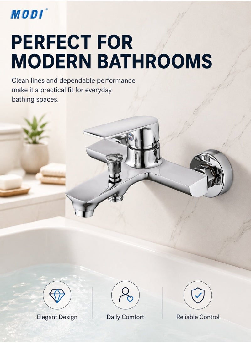 MODI Modern Wall-Mounted Shower Mixer Tap Single Lever Hot & Cold Water Control Chrome Finish Brass Faucet with Diverter Durable Bathroom Fixture - Image 5
