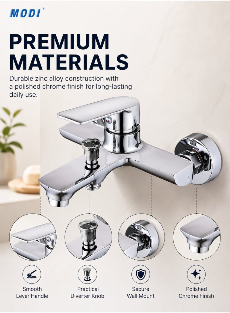 MODI Modern Wall-Mounted Shower Mixer Tap Single Lever Hot & Cold Water Control Chrome Finish Brass Faucet with Diverter Durable Bathroom Fixture - Image 4