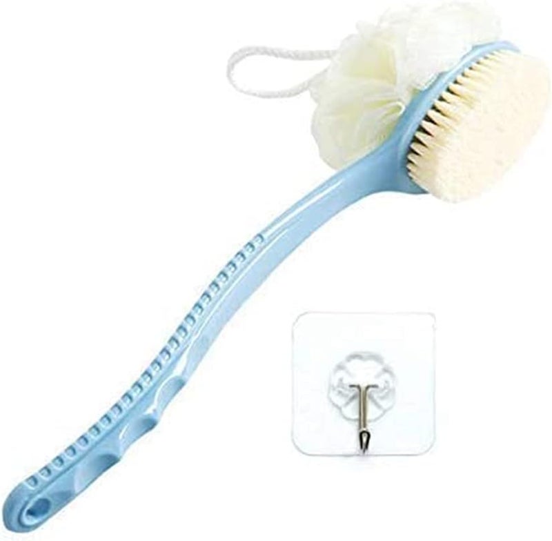 فرشاة حمام بمقبض طويل 2 في 1 مع لوفة ناعمة وصوف نايلون ، إسفنجة شبكية لتنظيف الظهر لحمام تقشير البشرة ، تدليك مناسب للاستخدام الرطب أو الجاف ، للرجال والنساء (أزرق) - Image 1