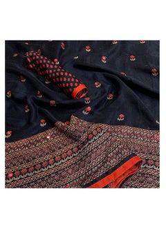 مملكة الإكسسوارات ساري نسائي من مزيج جورجيت مع قطعة بلوزة مطرزة (أسود زجاجي مقاس موحد)  - Image 4