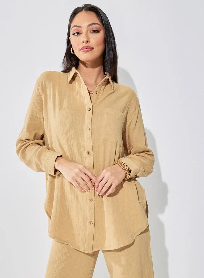 Styli Cotton Roll-Up Sleeve Oversized Longline Shirt