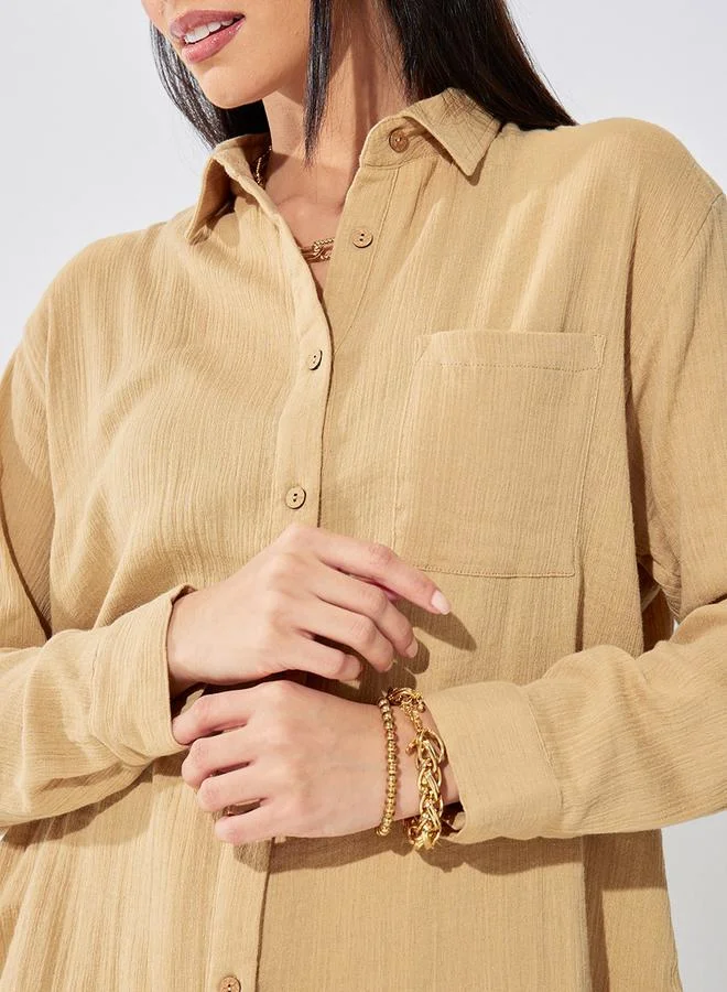 Styli Cotton Roll-Up Sleeve Oversized Longline Shirt