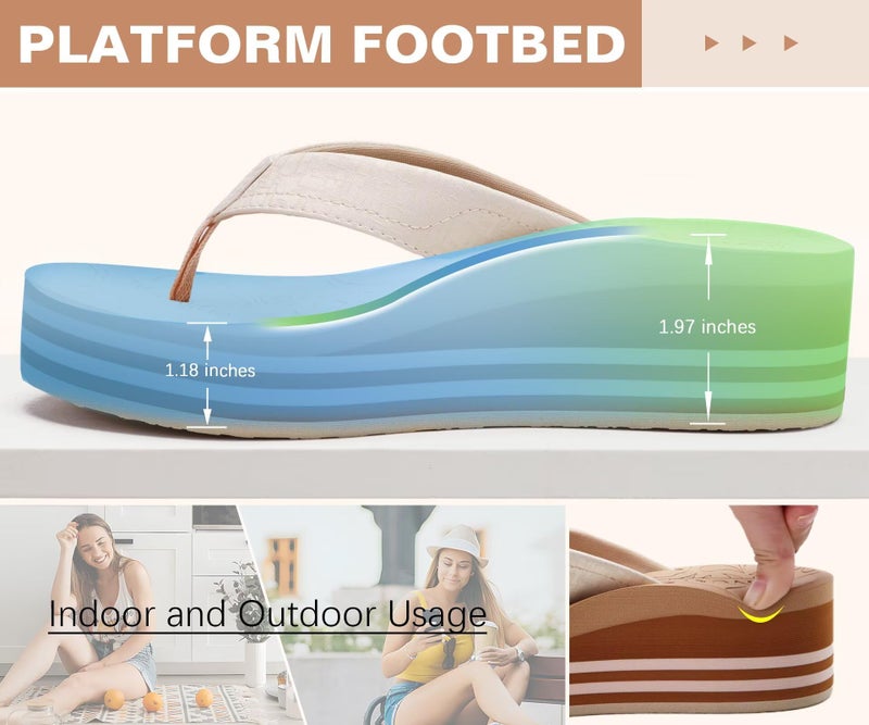 ONCAI Women's Platform Wedge Flip Flops Sandals Size 5 Trendy Dressy Summer Beach Vacation Pool Beige Thong Chunky Sandalias Comfy Cute Thick Waterproof Arch Support Rubber Foam Soles - Image 5