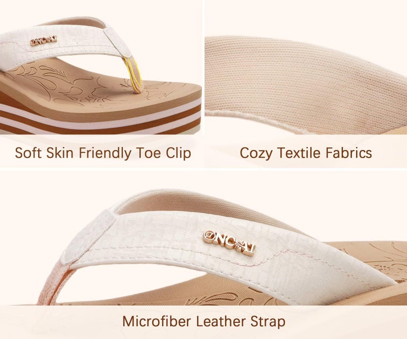 ONCAI Women's Platform Wedge Flip Flops Sandals Size 5 Trendy Dressy Summer Beach Vacation Pool Beige Thong Chunky Sandalias Comfy Cute Thick Waterproof Arch Support Rubber Foam Soles - Image 4