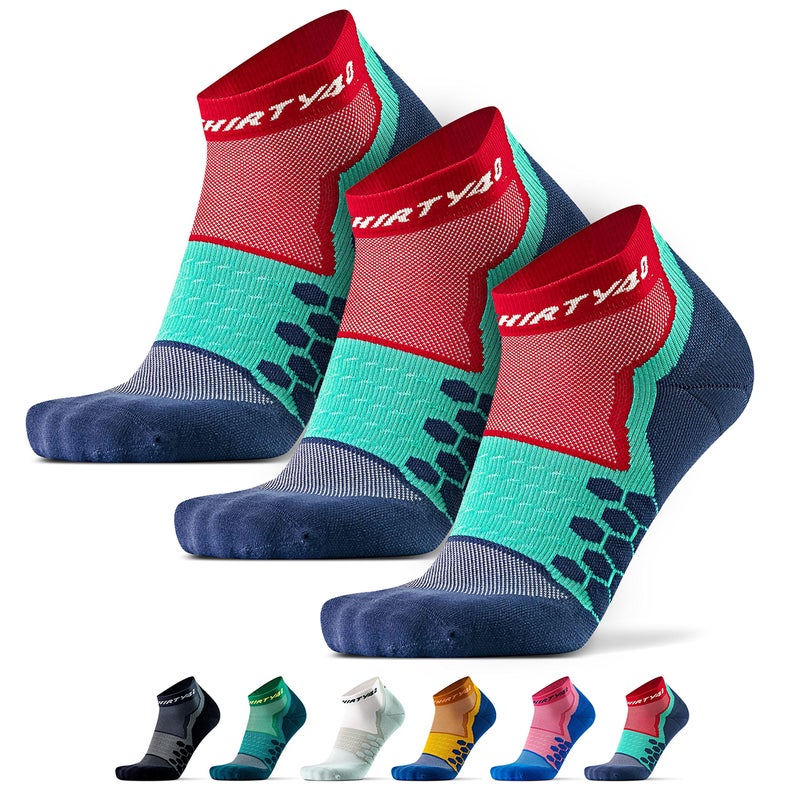 Thirty48 Performance Compression Low Cut Running Socks for Men and Women | More Compression Where Needed ([3 Pair] Red/Blue, XLarge - Women 11-13 // Men 12-14) - Image 1