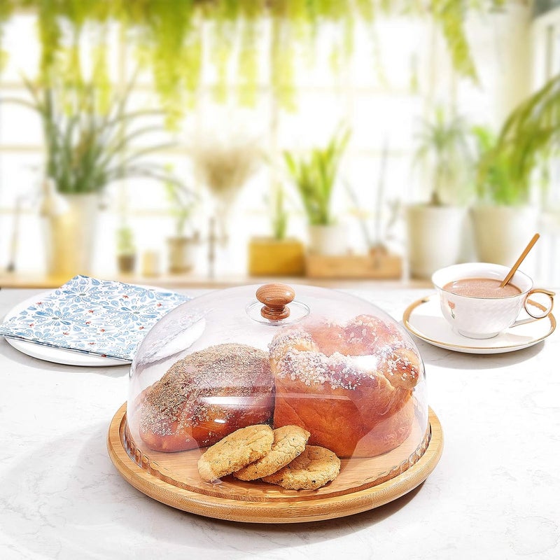 REPLEX Dessert Cloche with Base Cake Stand Glass Display Dome with Bamboo Serving Tray Dessert Cake Cover Display with Base - Image 3