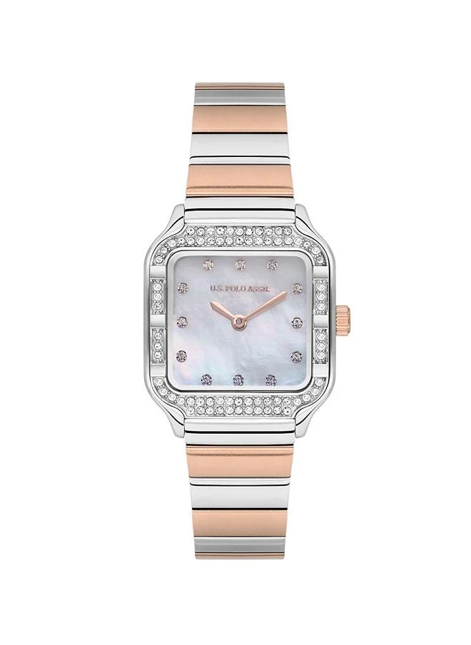 يو اس بولو اسن U.S. Polo Assn. Stile Ladies' 28x34mm Watch with White Mother-of-Pearl Dial, Diamond Accents & Two-Tone Rose Gold/Silver Stainless Steel Band - USPA2100-05, Effortless Sophistication