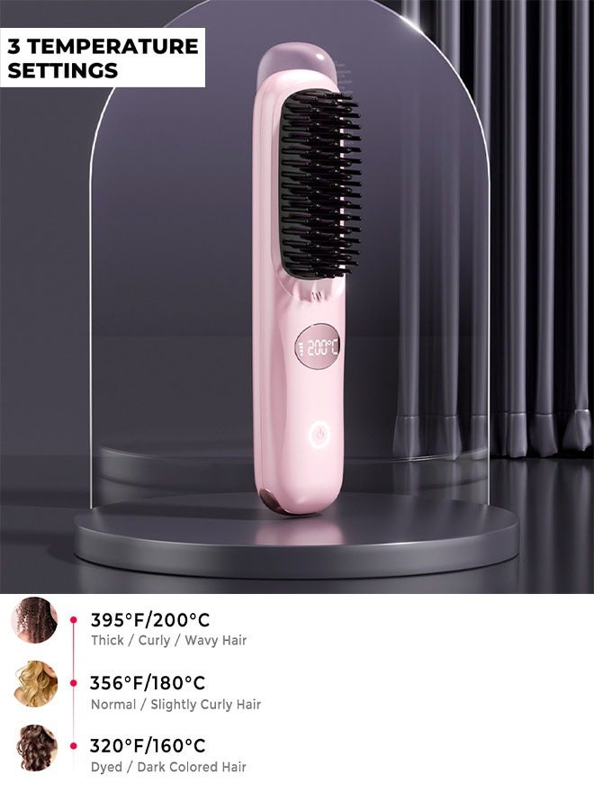 Cordless Portable Hair Straightening Brush, 3 Adjustable Heat Settings, Wireless Hair Straightener Comb for Travel (Pink) - Image 3