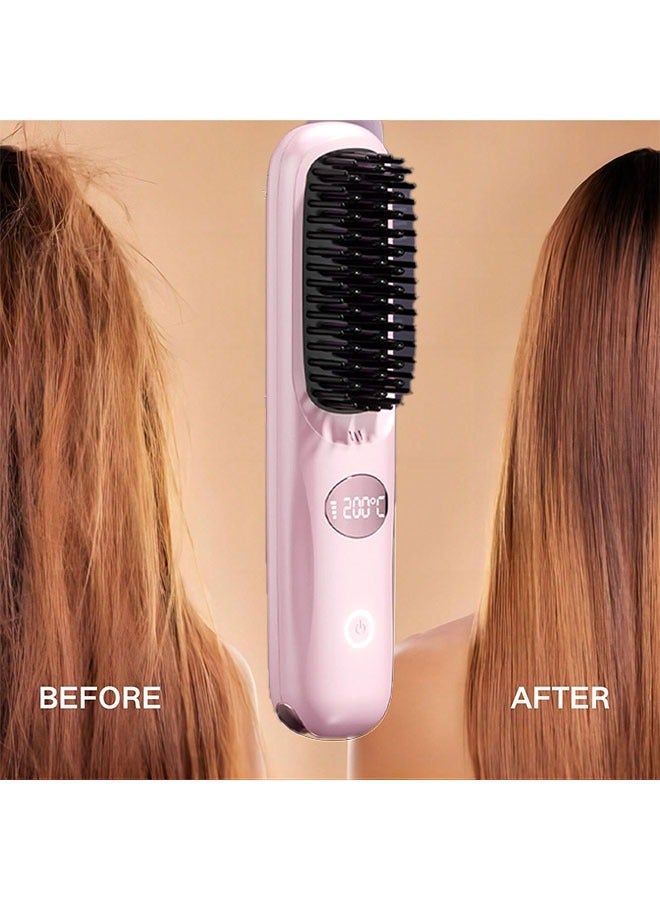 Cordless Portable Hair Straightening Brush, 3 Adjustable Heat Settings, Wireless Hair Straightener Comb for Travel (Pink) - Image 2