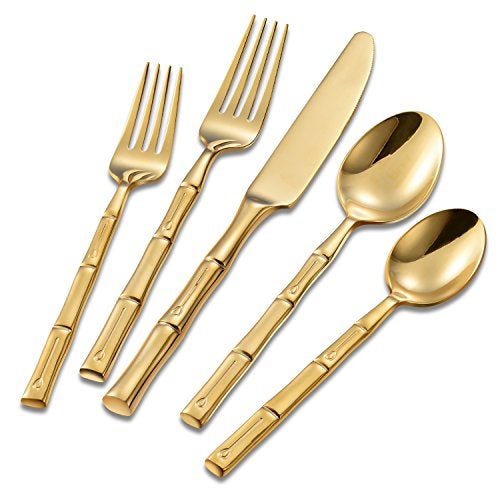 Flatasy Flatware Set Gold Silverware Set with Bamboo Pattern Mirror Polished 20 Pieces Cutlery Set Housewarming Wedding Gift Service for 4 - Image 1