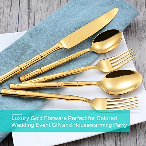 Flatasy Flatware Set Gold Silverware Set with Bamboo Pattern Mirror Polished 20 Pieces Cutlery Set Housewarming Wedding Gift Service for 4 - Image 4