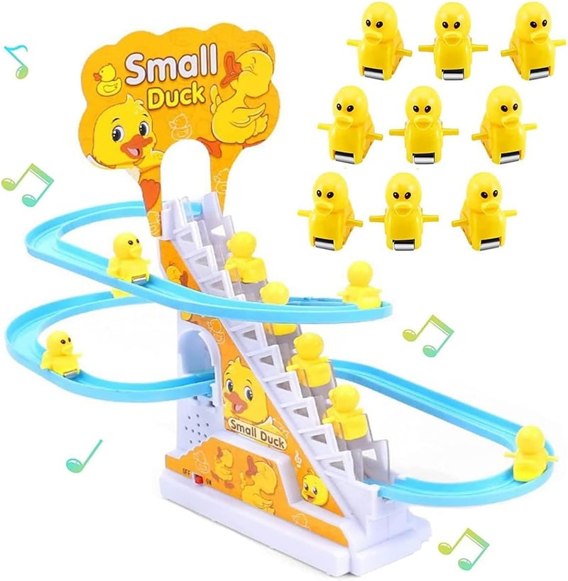 Excefore Electric Ducks Chasing Race Track Game Set, Small Ducks Climbing Toys with 9 LED Flashing Lights & Music Button, Fun Duck Stair Climbing Toy for Toddlers and Kids, Playful Roller Coaster Toy - Image 1