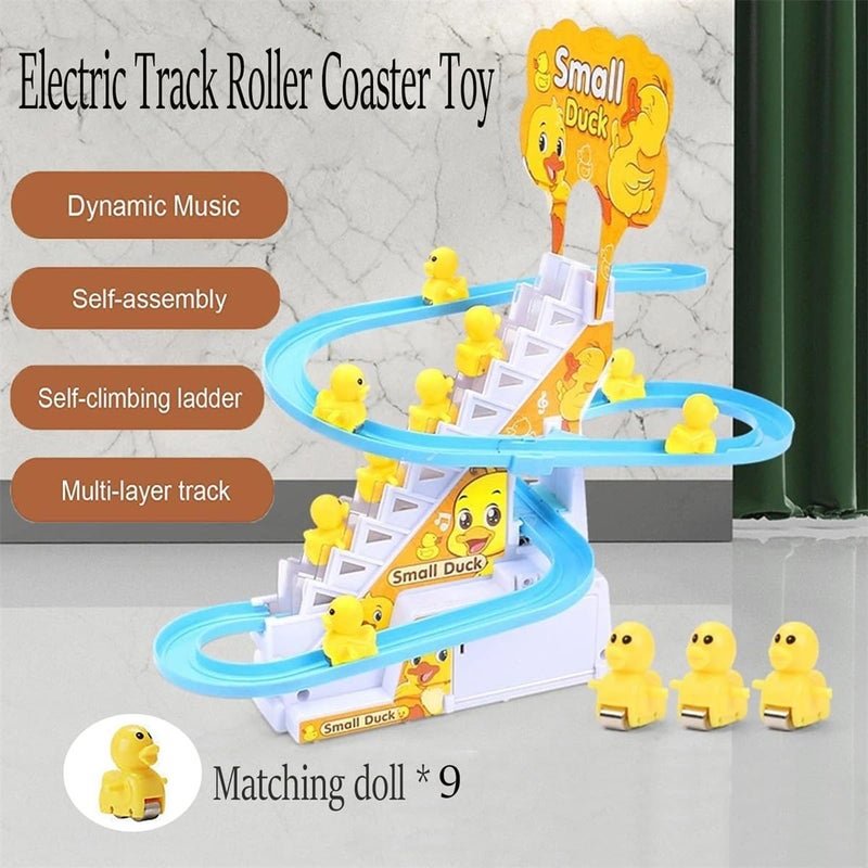 Excefore Electric Ducks Chasing Race Track Game Set, Small Ducks Climbing Toys with 9 LED Flashing Lights & Music Button, Fun Duck Stair Climbing Toy for Toddlers and Kids, Playful Roller Coaster Toy - Image 3