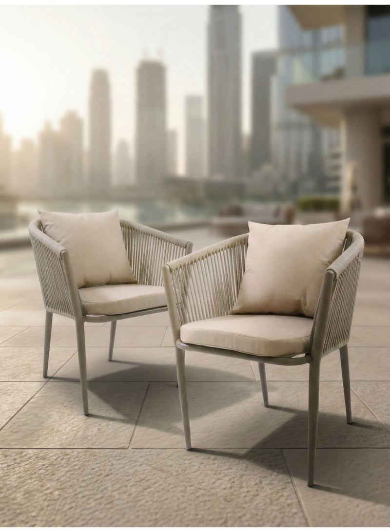 SUNRISE 2 Pcs Outdoor Patio Chairs, Rope Dining Chairs with Cushions, Rust-Resistant Aluminium Frame, Fully Assembled, Champagne - Image 1