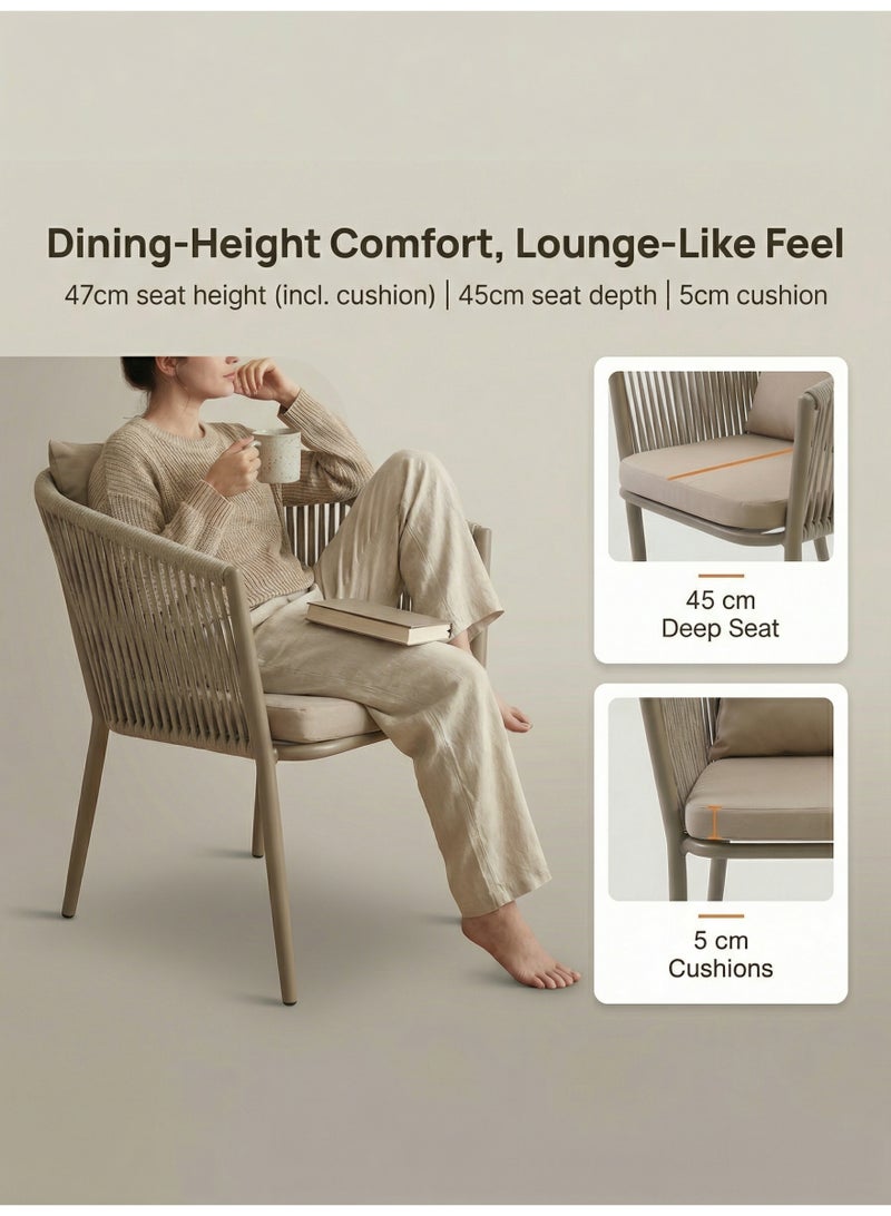 SUNRISE 2 Pcs Outdoor Patio Chairs, Rope Dining Chairs with Cushions, Rust-Resistant Aluminium Frame, Fully Assembled, Champagne - Image 4