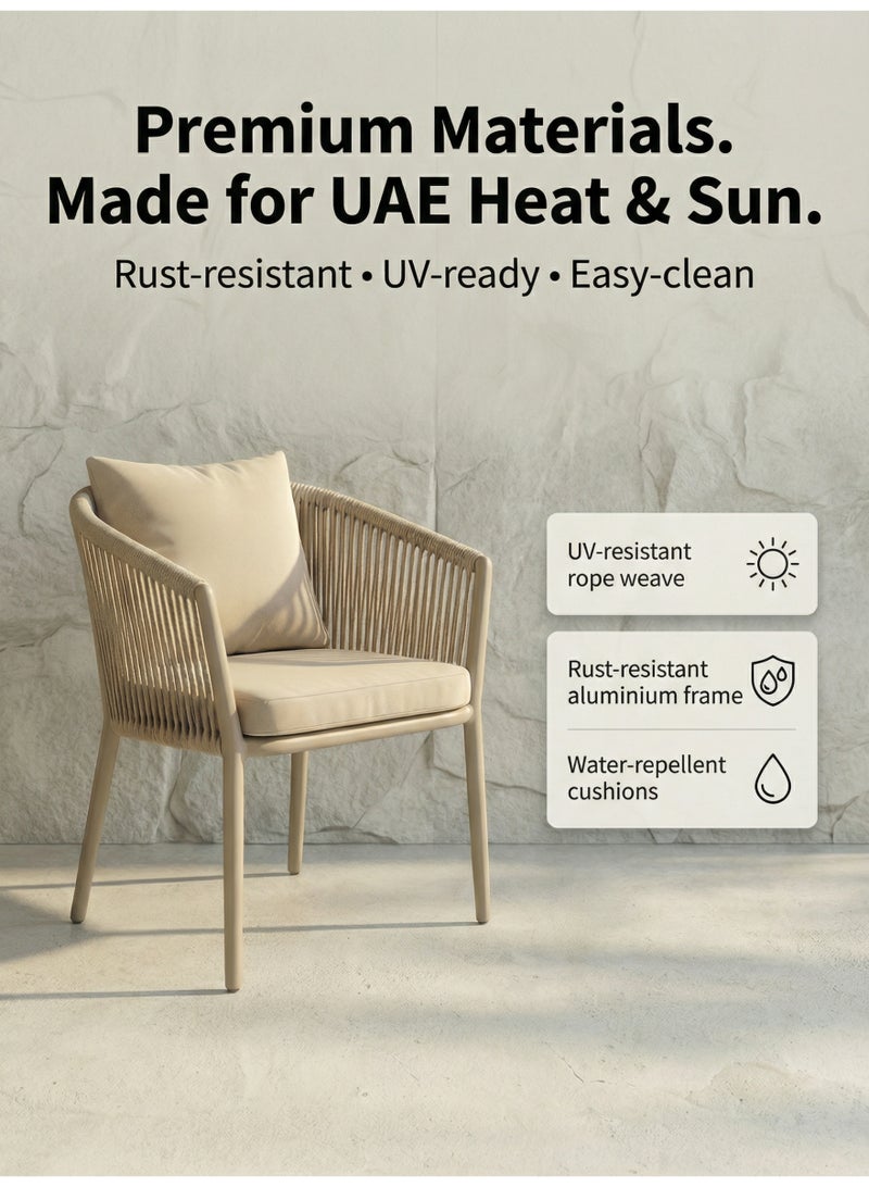 SUNRISE 2 Pcs Outdoor Patio Chairs, Rope Dining Chairs with Cushions, Rust-Resistant Aluminium Frame, Fully Assembled, Champagne - Image 5