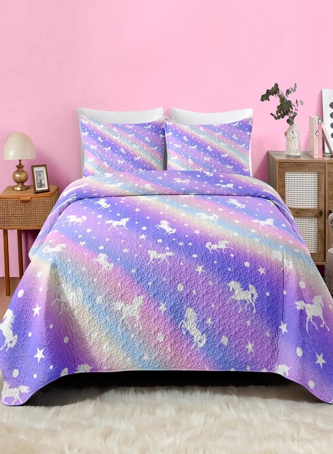 Pamnest Quilt Set Twin Size, Purple Colorful 2 Pcs Soft Bed Cover Bedding Set for Kids and Adults, Unicorn Rainbow Star Lightweight Bedspread Coverlet with Pillow Sham for All Season - Image 1