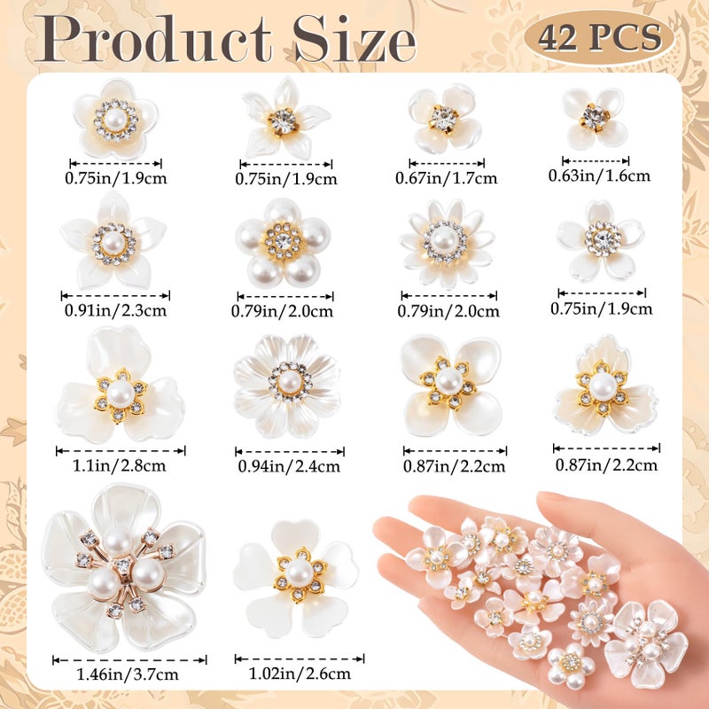 Winsyison 42pcs Flower Pearl Rhinestone Buttons, Faux Pearl Rhinestone Buttons Embellishments, Sparkly Flower Decorations Accessories for Wedding Party DIY Craft- White - Image 2