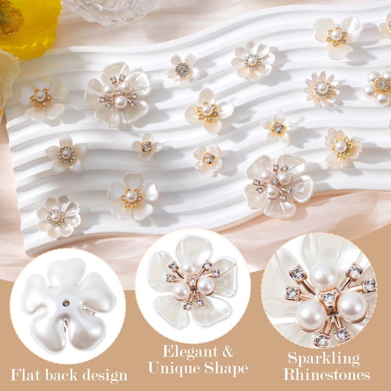 Winsyison 42pcs Flower Pearl Rhinestone Buttons, Faux Pearl Rhinestone Buttons Embellishments, Sparkly Flower Decorations Accessories for Wedding Party DIY Craft- White - Image 3