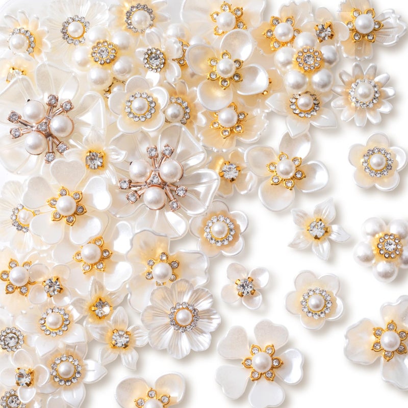 Winsyison 42pcs Flower Pearl Rhinestone Buttons, Faux Pearl Rhinestone Buttons Embellishments, Sparkly Flower Decorations Accessories for Wedding Party DIY Craft- White - Image 1