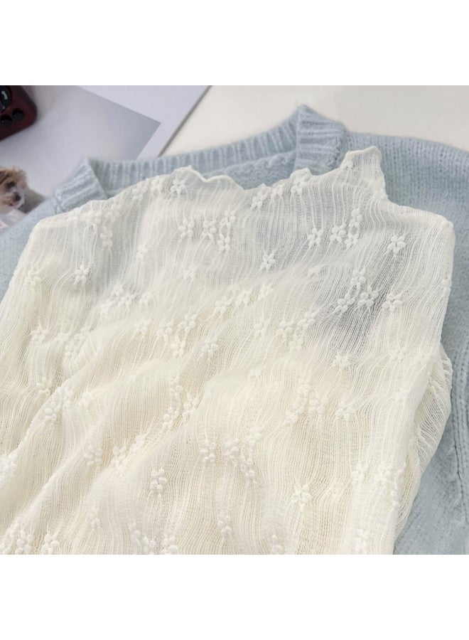 PLANDOO Gentle Off-White Lace-Trimmed Semi-High Collar Mesh Lace Base Shirt For Women, Solid Color Thin Layered Sweater Inner Wear Gauze Top - Image 3